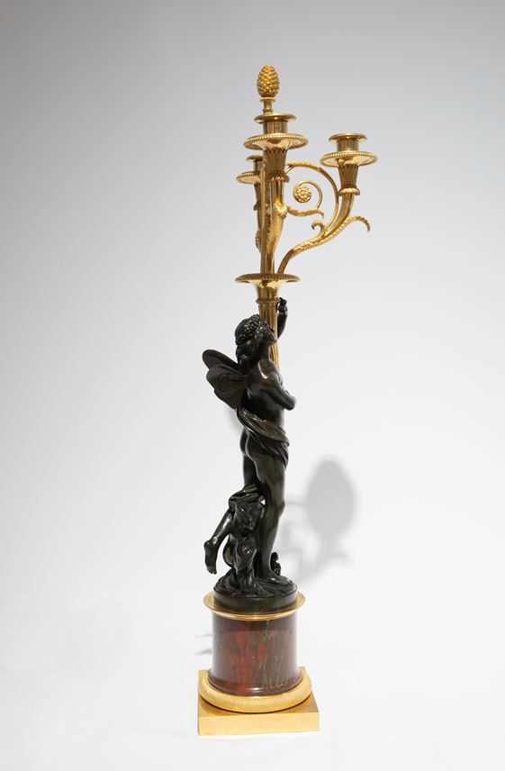 Francois Remond - A Pair of three-branch ormolu Candelabra with patinated bronze figures of Zephyrus and Flora, on rouge griotte marble columns | MasterArt